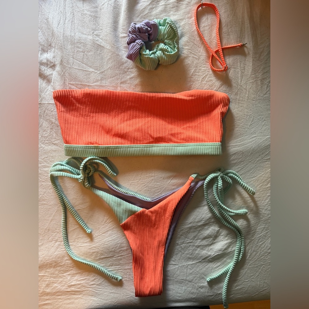 Colorblock Orange and Mint Ribbed Bandeau Bikini Set